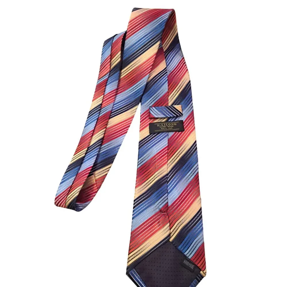 Men's Silk Tie Kai Long Handmade Stripes Blue Yellow Red